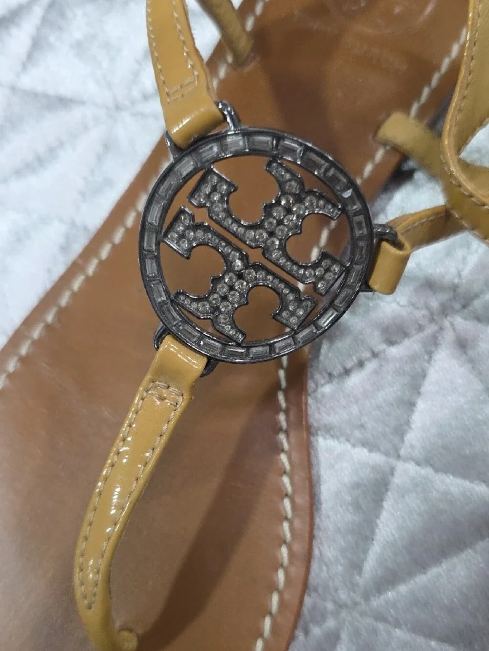 Tory Burch Yellow Leather T-Strap Sandals with Silver Logo Accent